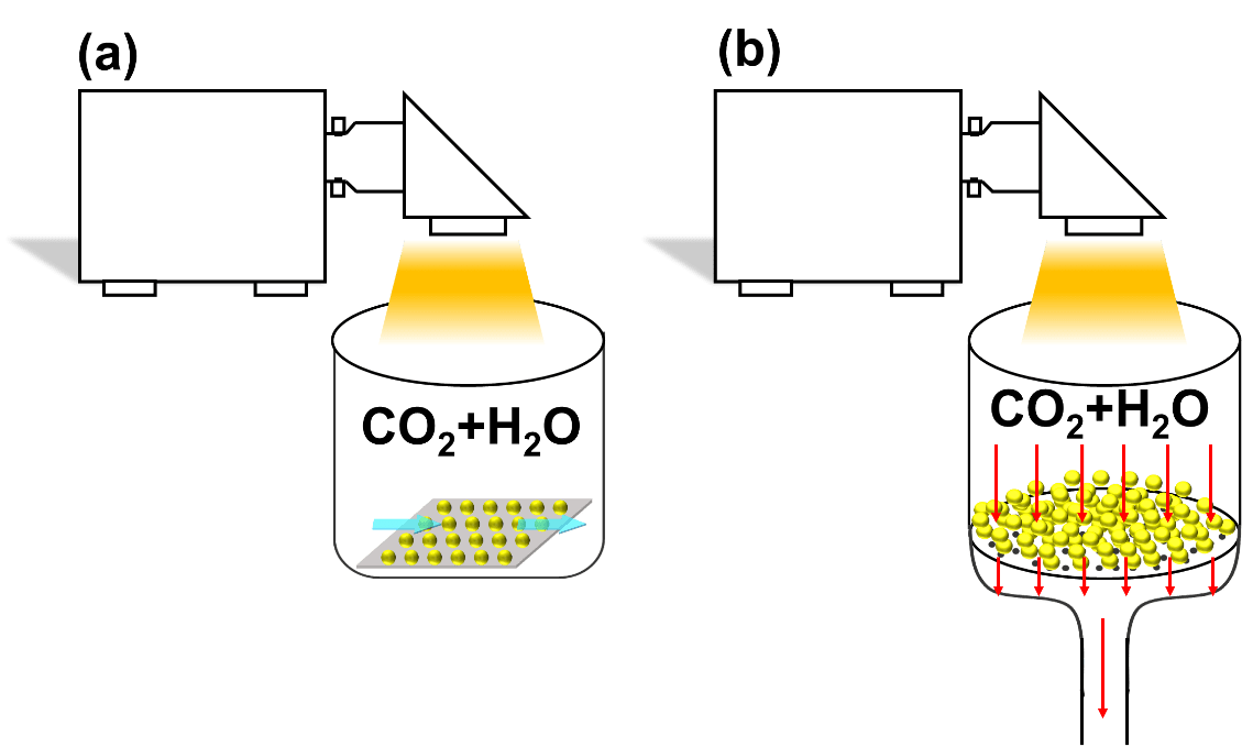 Figure 1. Thin-film gas-phase reaction mode (a) and fixed bed gas-phase reaction mode (b)